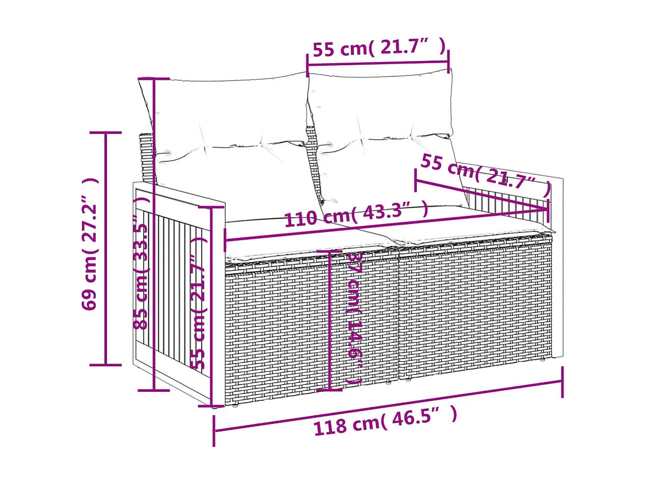 Gartensofa mit 2-Sitzer-Kissen, schwarzes Kunstharzgeflecht