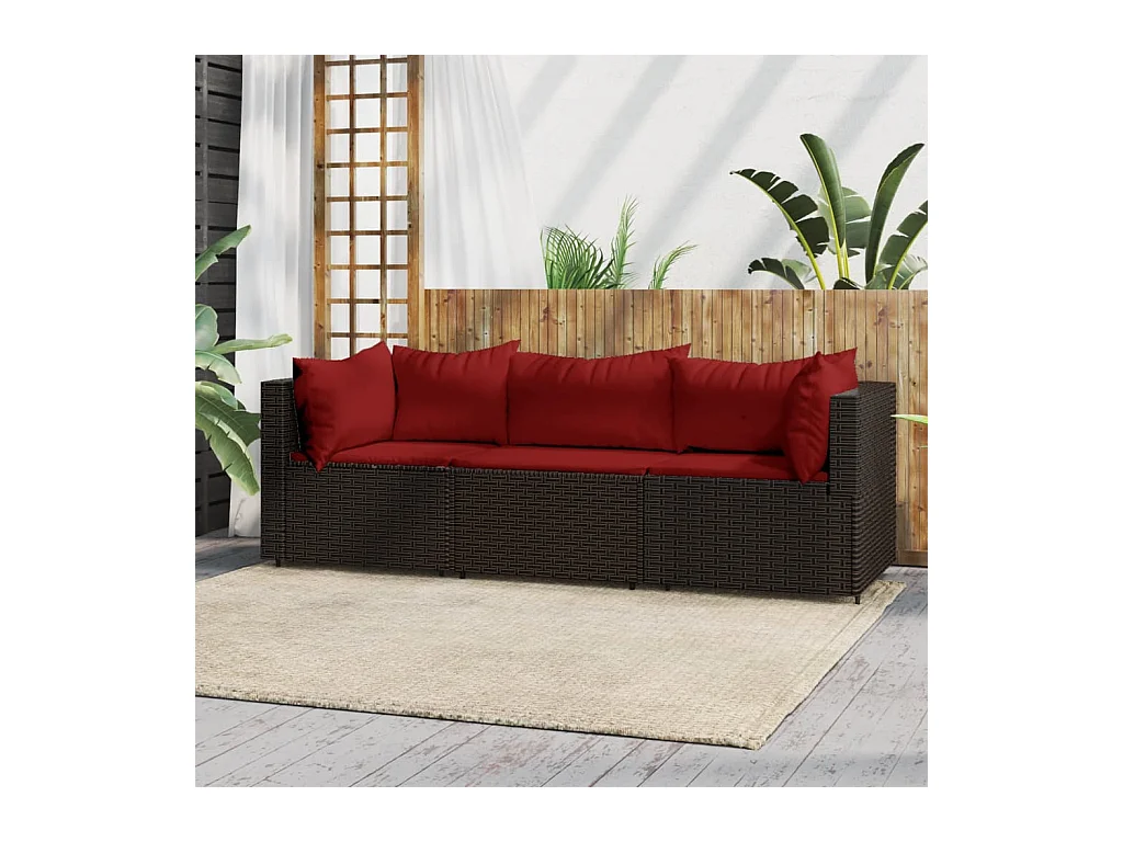 Mobili da giardino 3 pezzi con cuscini in resina intrecciata marrone