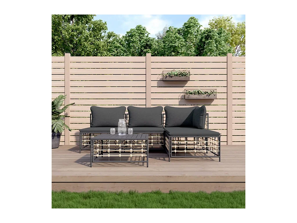 Salon de jardin 5 pcs avec coussins anthracite résine tressée