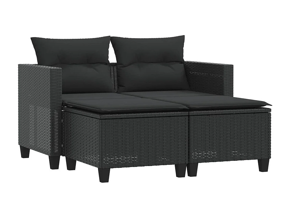 Canapé de jardin 2 places avec tabourets noir résine tressée