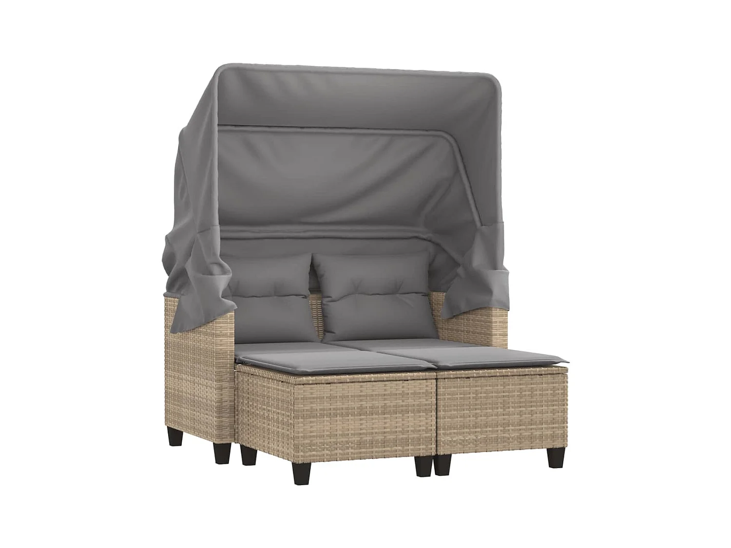 Canapé de jardin 2 places avec auvent et tabourets beige rotin