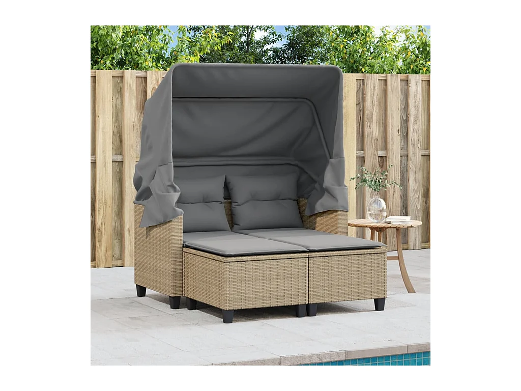 Canapé de jardin 2 places avec auvent et tabourets beige rotin