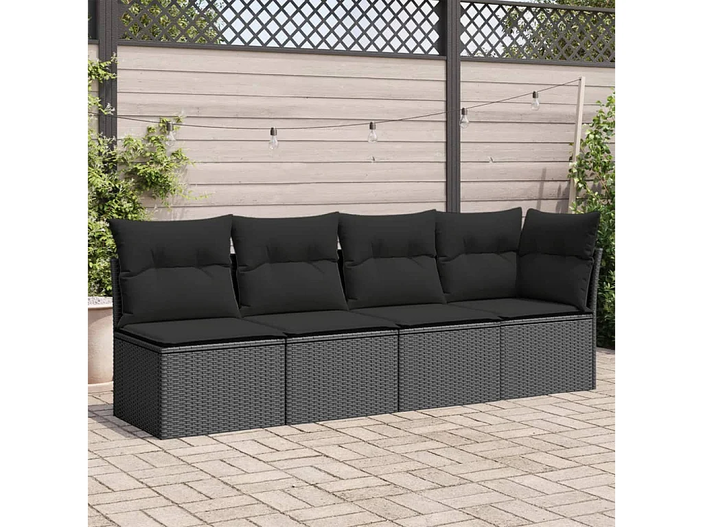 Divano da giardino con cuscini a 4 posti, resina intrecciata nera