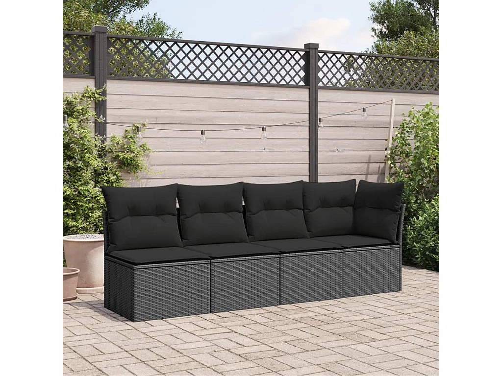 Divano da giardino con cuscini a 4 posti, resina intrecciata nera