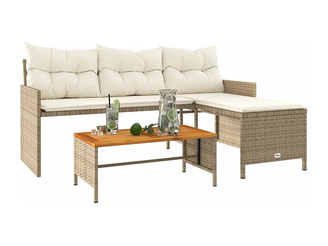 Sofá de jardim com mesa e almofadas bege em forma de L