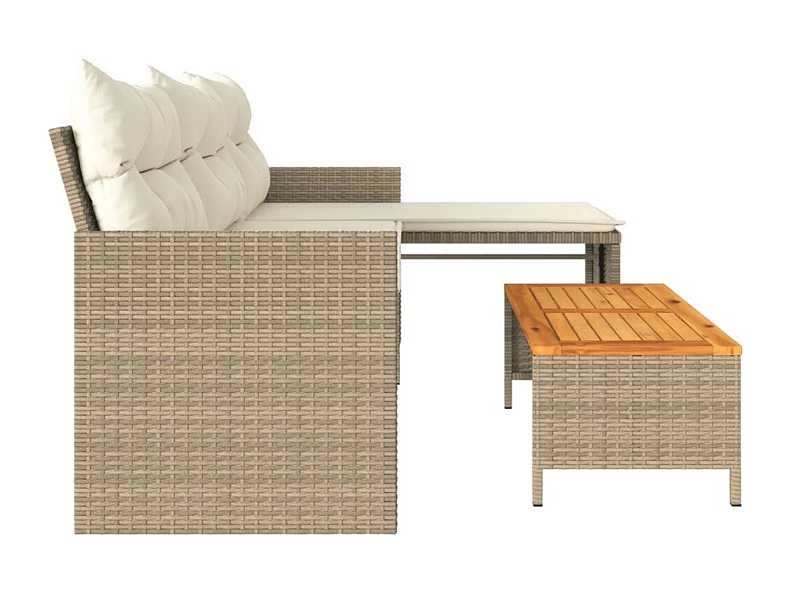 Sofá de jardim com mesa e almofadas bege em forma de L