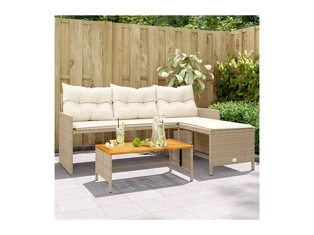 Canapé de jardin avec table et coussins en forme de L beige