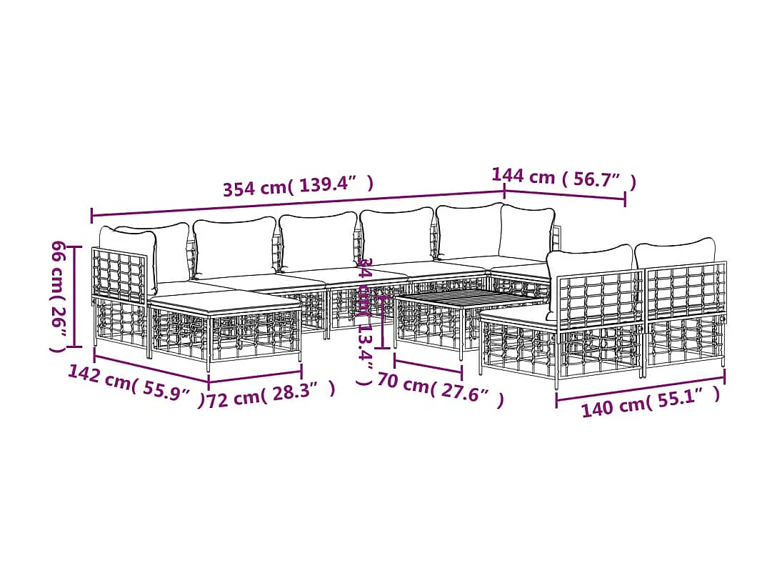 Salon de jardin 10 pcs avec coussins anthracite résine tressée
