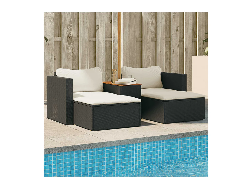 Salon de jardin 5 pcs avec coussins noir résine tressée acacia