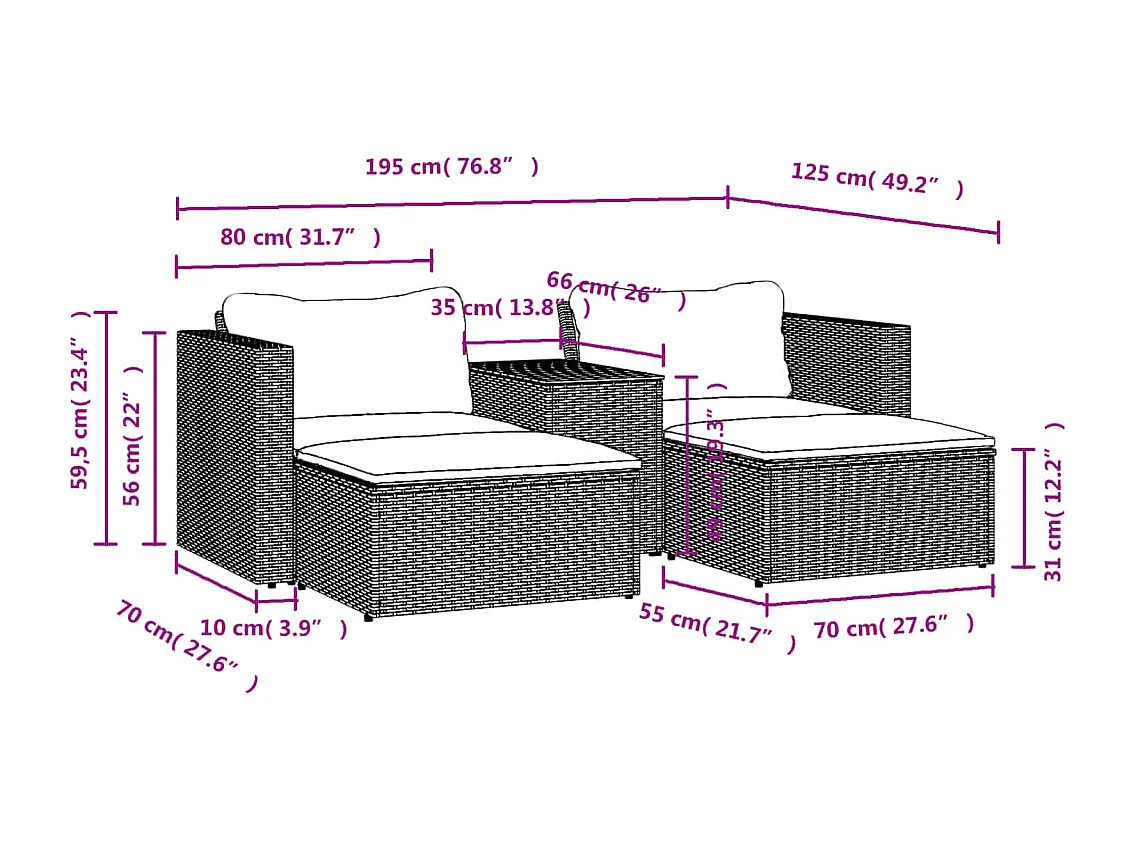 5 Stück Gartenmöbel mit Kissen aus schwarzem Akazienharzgeflecht
