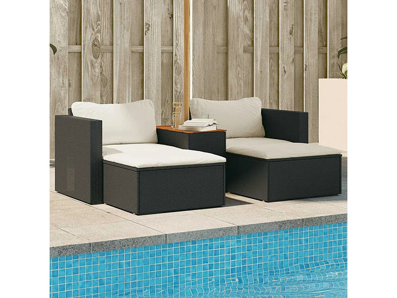 Salon de jardin 5 pcs avec coussins noir résine tressée acacia