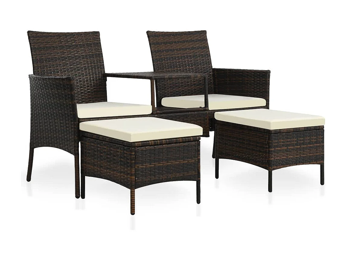 Sofá de jardín, mesa de té y taburetes de resina tejida marrón.