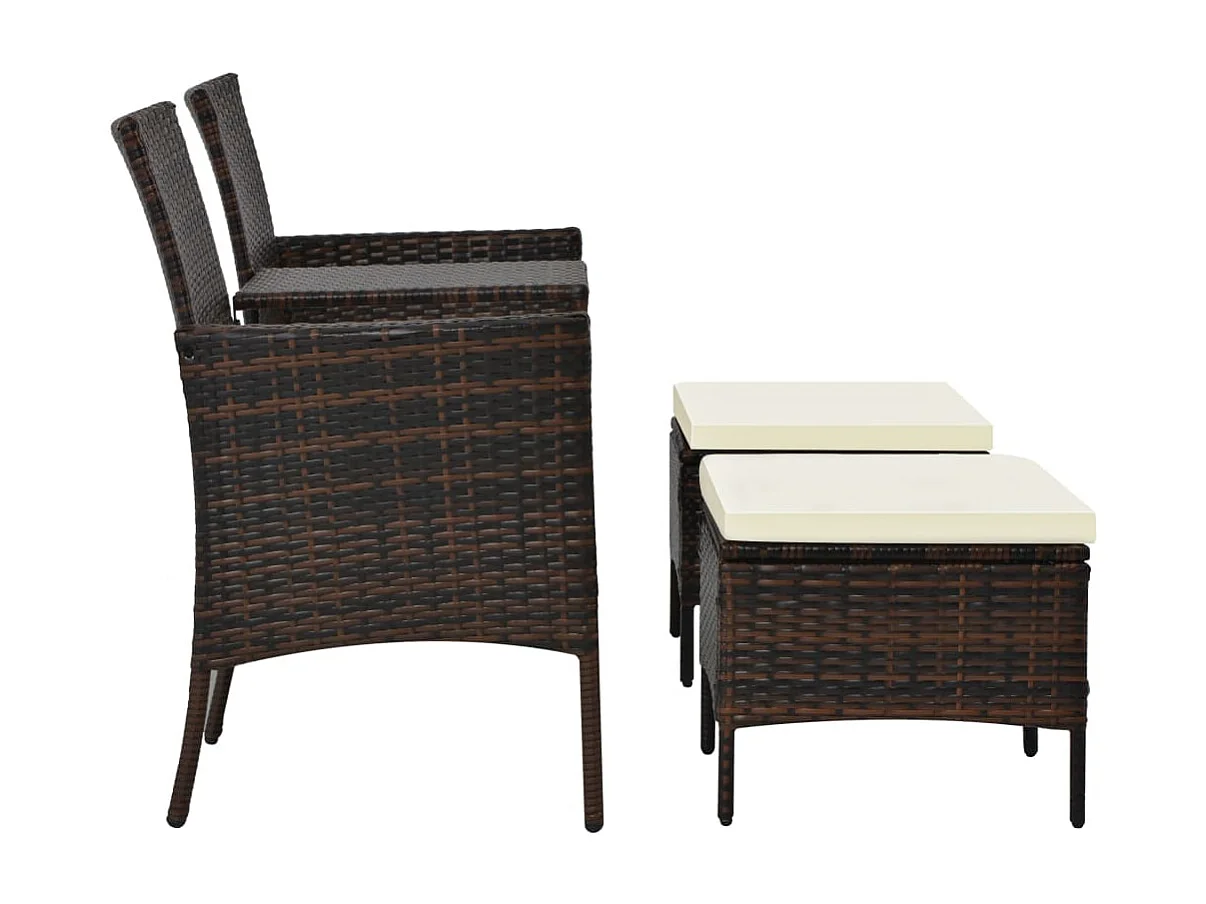 Sofá de jardín, mesa de té y taburetes de resina tejida marrón.