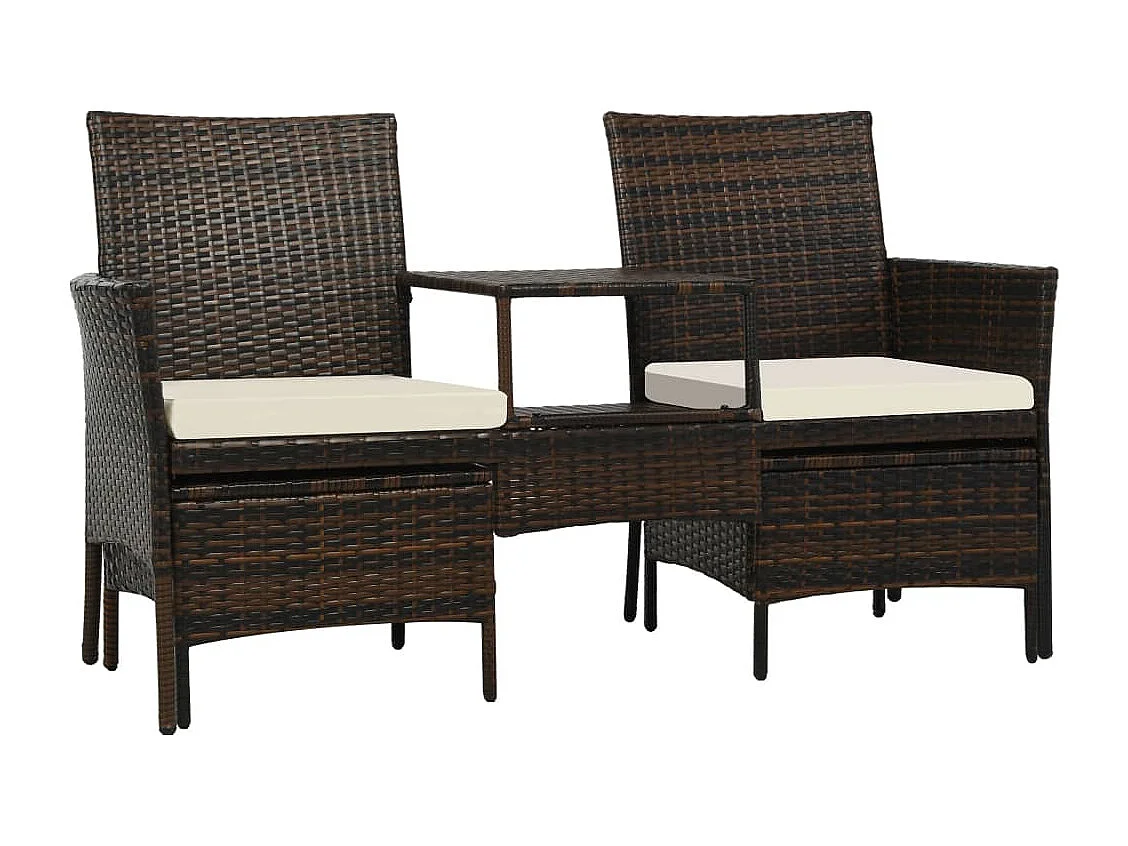 Sofá de jardín, mesa de té y taburetes de resina tejida marrón.