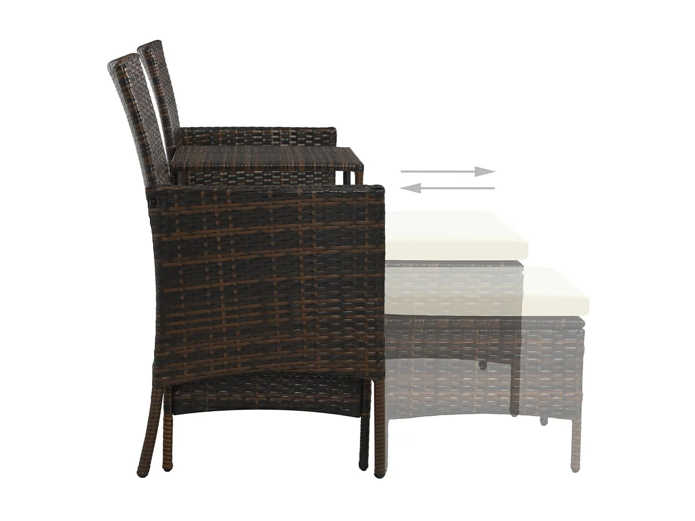 Sofá de jardín, mesa de té y taburetes de resina tejida marrón.