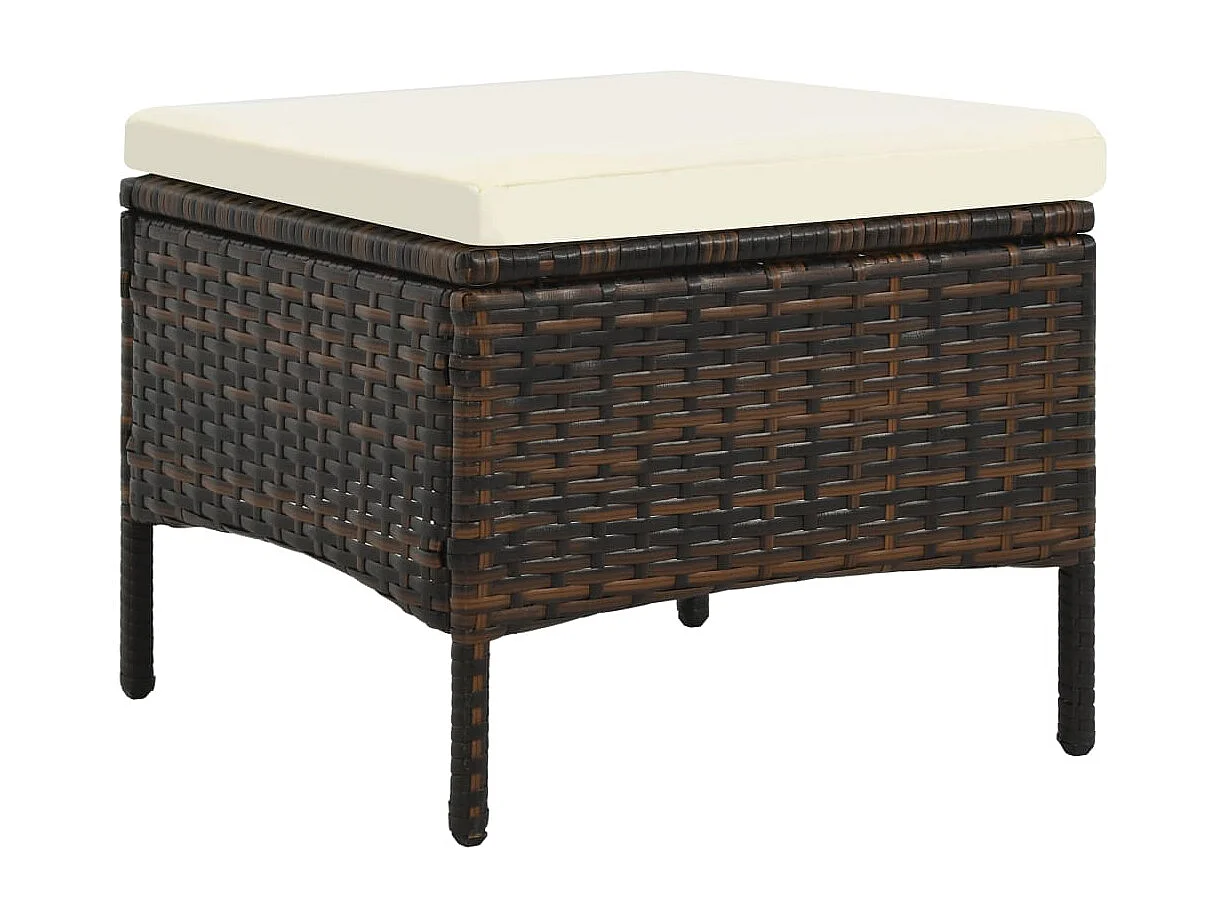 Sofá de jardín, mesa de té y taburetes de resina tejida marrón.