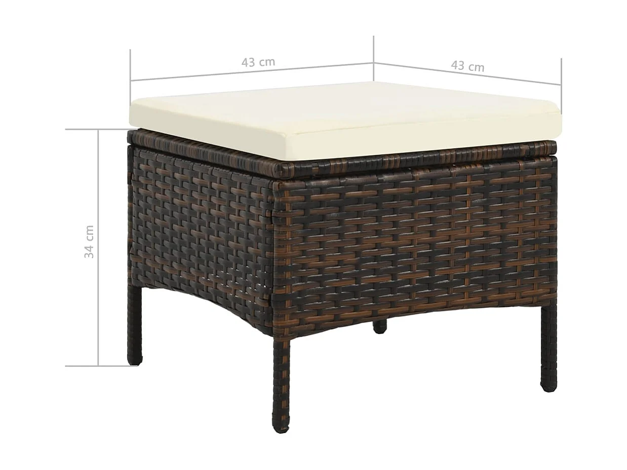 Sofá de jardín, mesa de té y taburetes de resina tejida marrón.