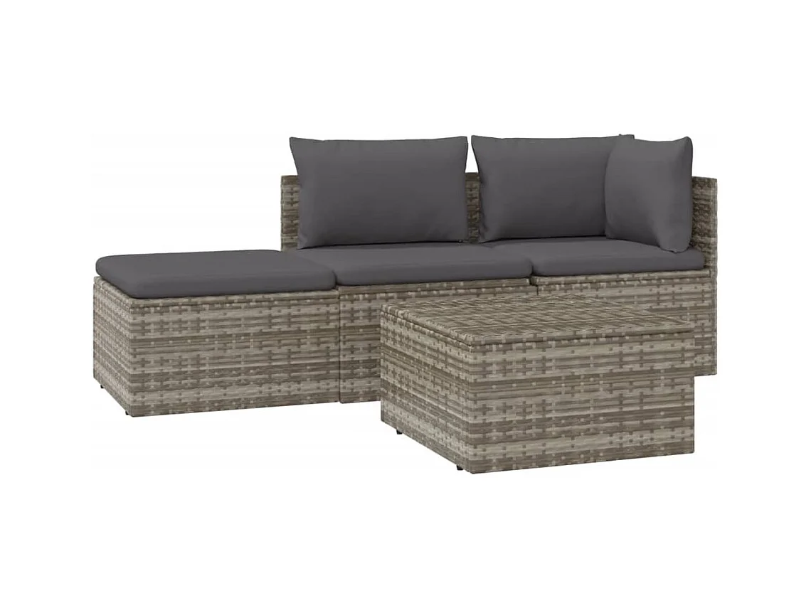 Salon de jardin 4 pcs avec coussins Gris Résine tressée