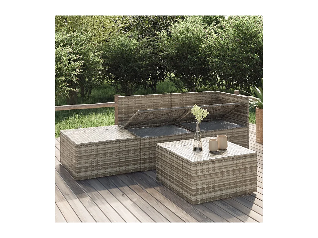 Salon de jardin 4 pcs avec coussins Gris Résine tressée