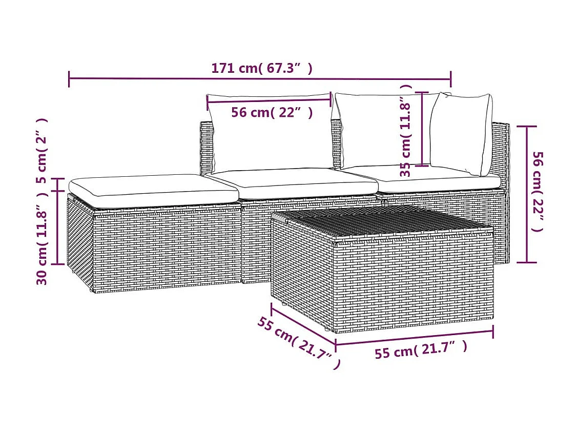 Muebles de jardín de 4 piezas con cojines grises de mimbre de resina.