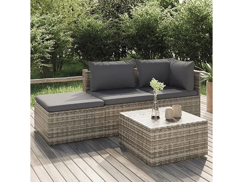 Salon de jardin 4 pcs avec coussins Gris Résine tressée