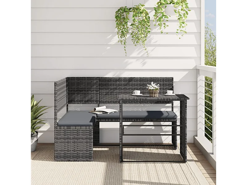 Tuinbank met tafel en grijze L-vormige kussens