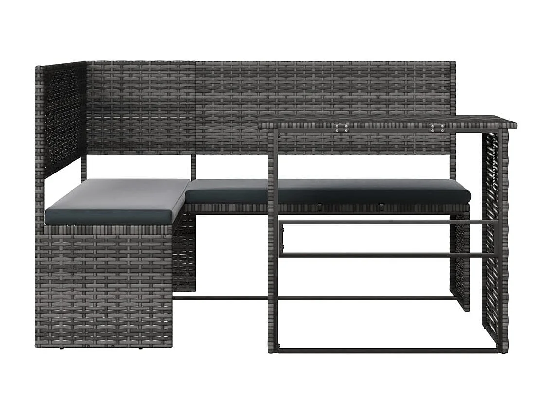 Sofá de jardim com mesa e almofadas cinza em forma de L