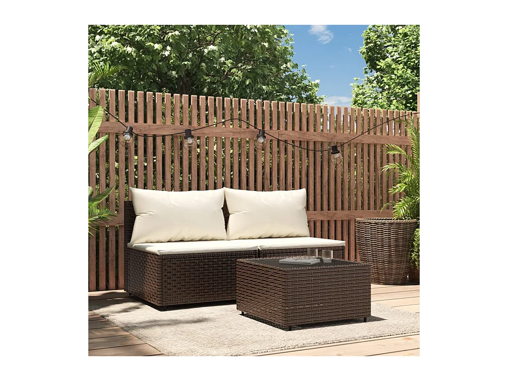 Salon de jardin 3 pcs avec coussins marron résine tressée