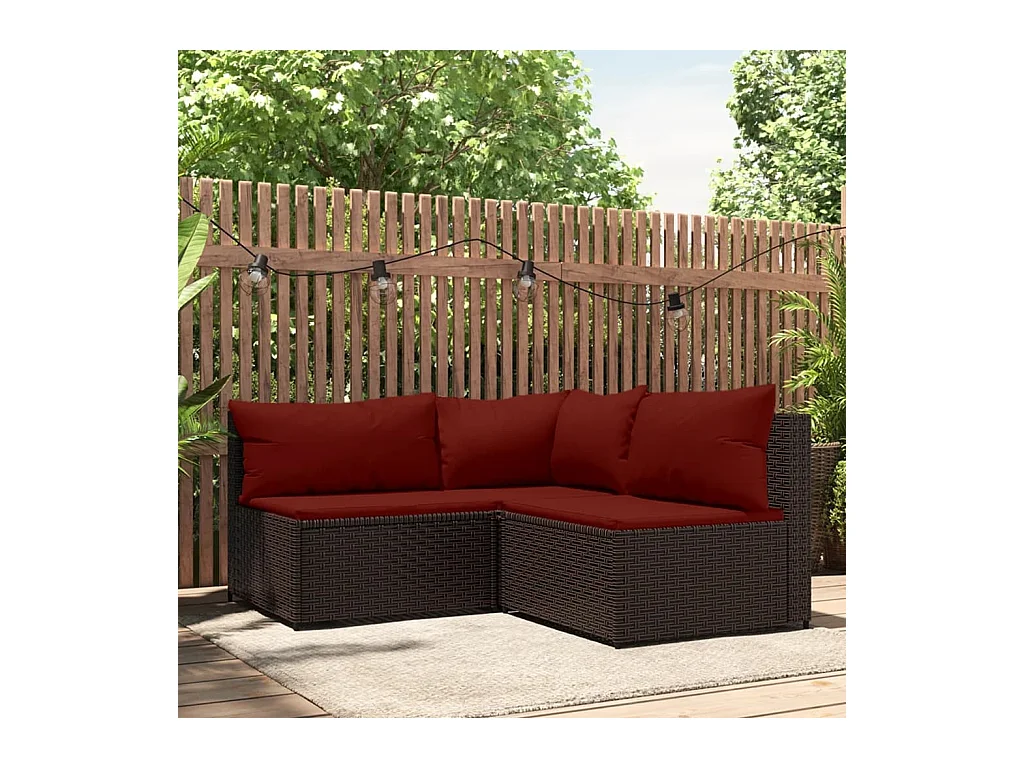 Mobili da giardino 3 pezzi con cuscini in resina intrecciata marrone