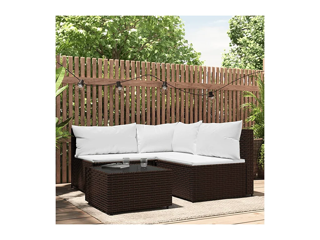 Salon de jardin 4 pcs avec coussins Marron Résine tressée