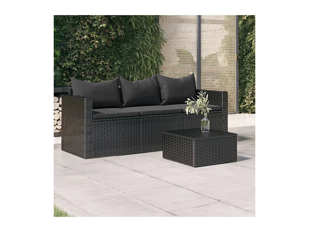 Canapé de jardin à 3 places avec coussins noir résine tressée