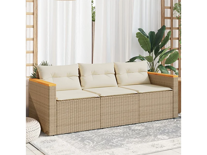 Canapé de jardin avec coussins 3 places beige résine tressée