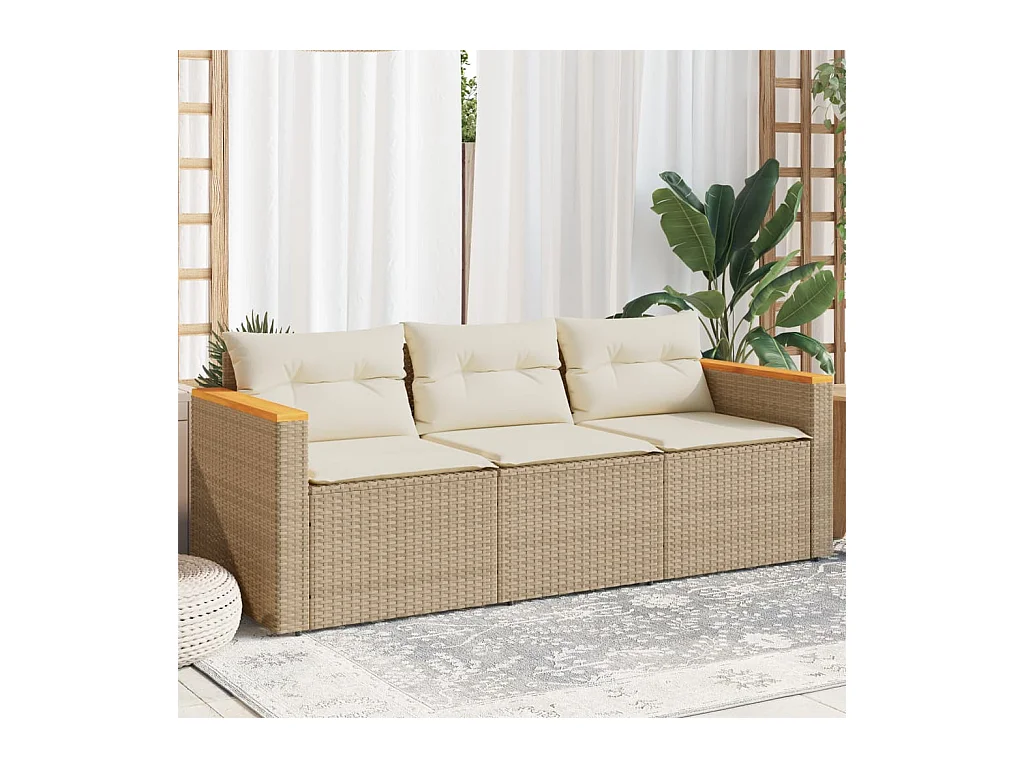 Canapé de jardin avec coussins 3 places beige résine tressée