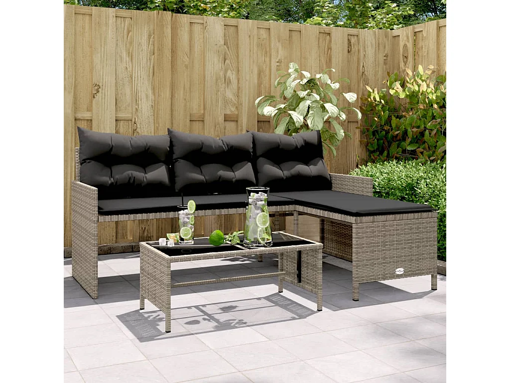 Canapé de jardin avec table et coussins en forme de L gris