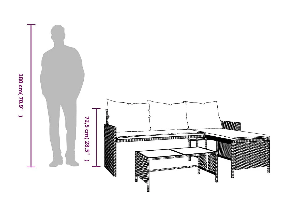 Canapé de jardin avec table et coussins en forme de L gris