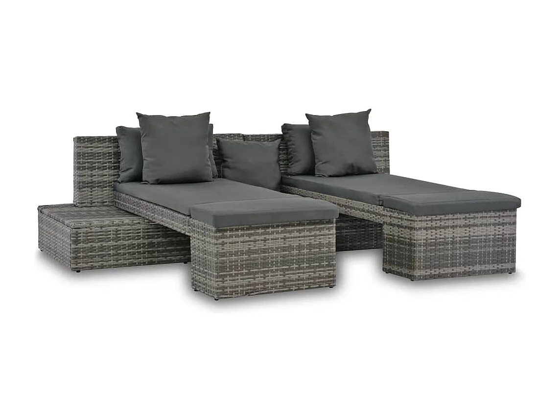 Muebles de jardín de 4 piezas con cojines de resina tejida gris.