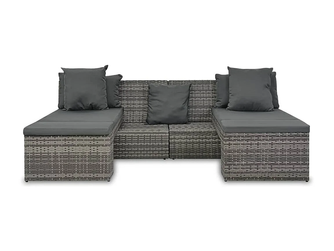 Muebles de jardín de 4 piezas con cojines de resina tejida gris.
