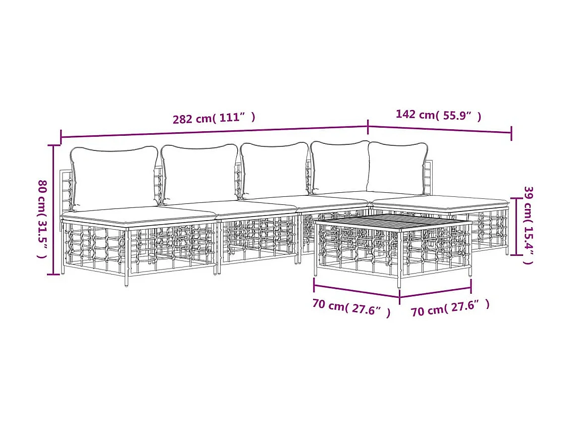 Muebles de jardín de 6 piezas con cojines de resina tejida antracita.