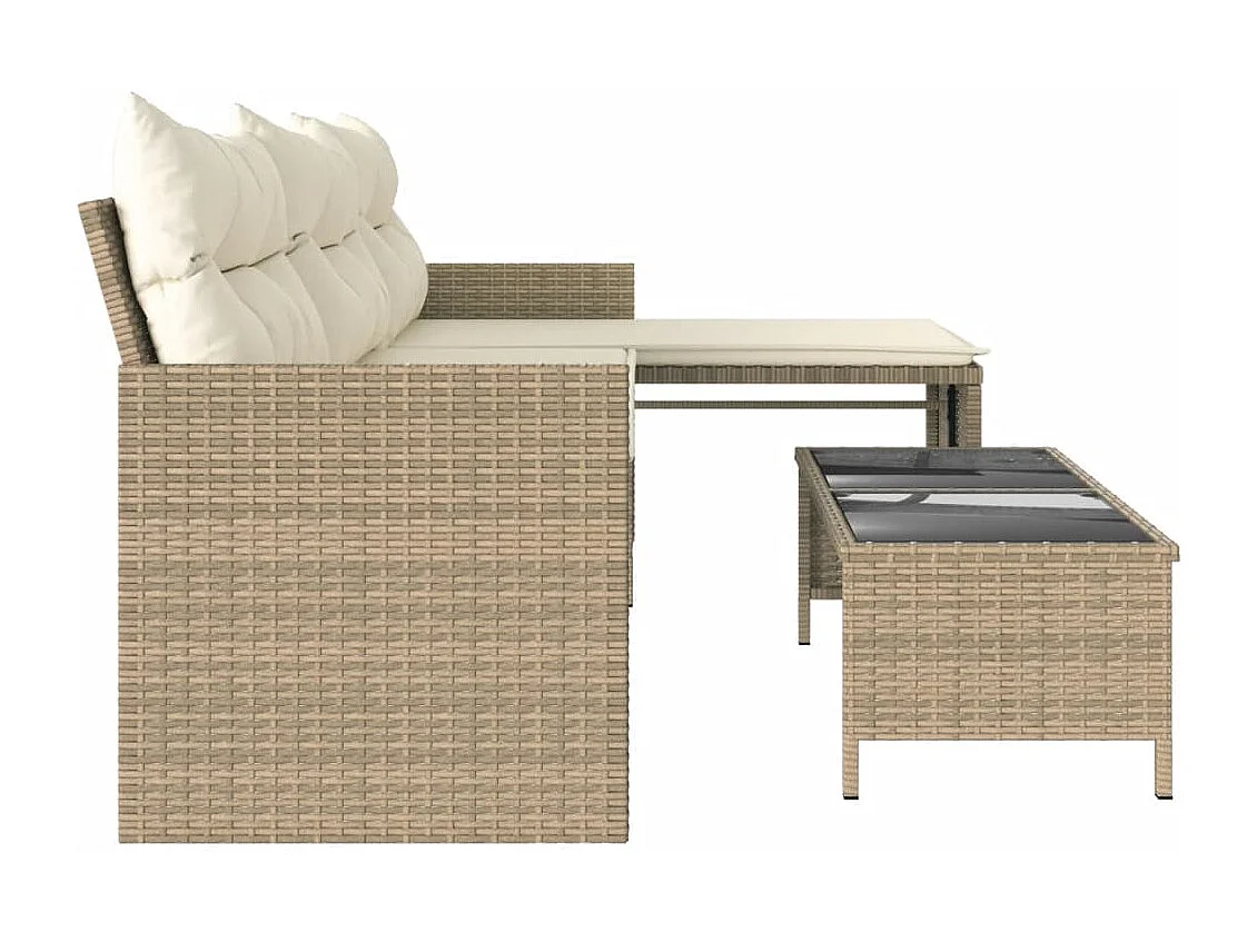 Sofá de jardim com mesa e almofadas bege em forma de L