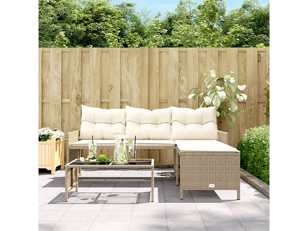 Canapé de jardin avec table et coussins en forme de L beige