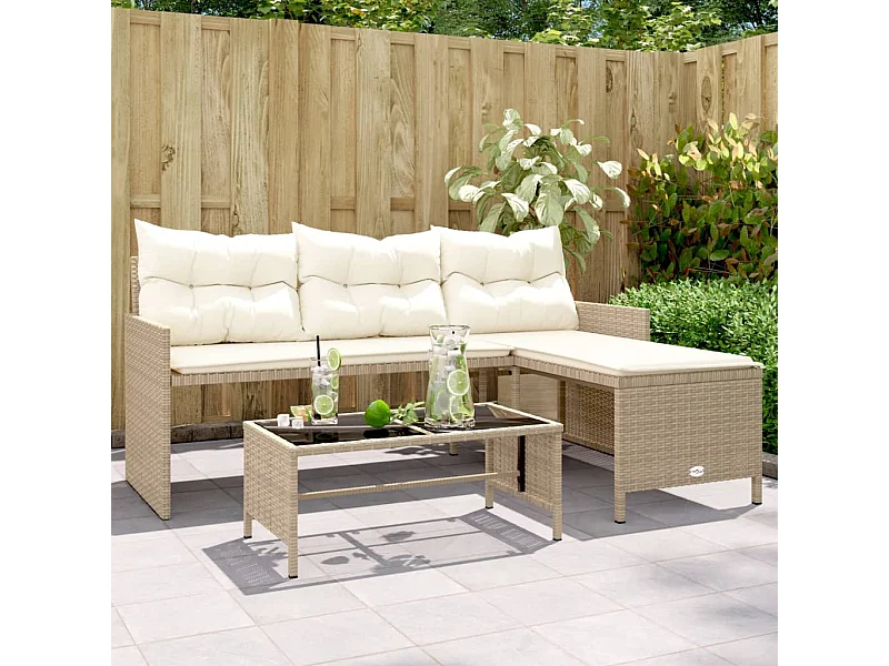 Gartensofa mit Tisch und beigen L-förmigen Kissen