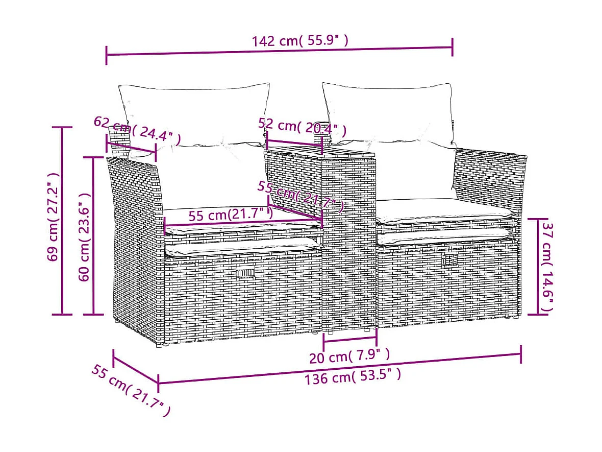 2-zits tuinbank met grijs geweven harskrukjes