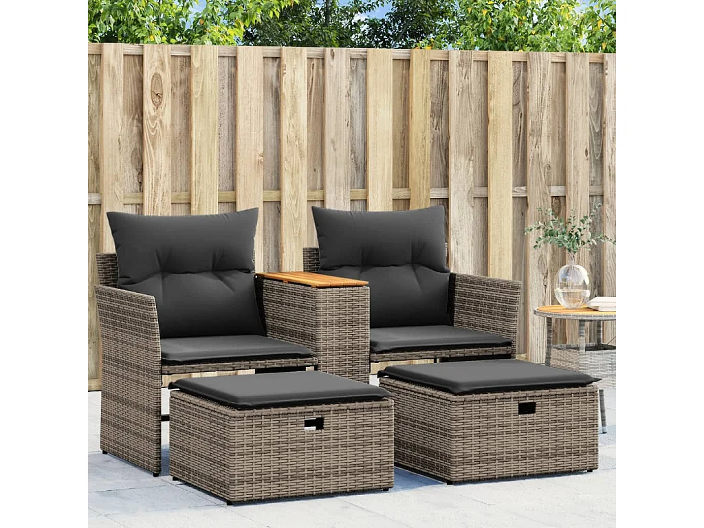 2-Sitzer-Gartensofa mit grauen geflochtenen Harzhockern