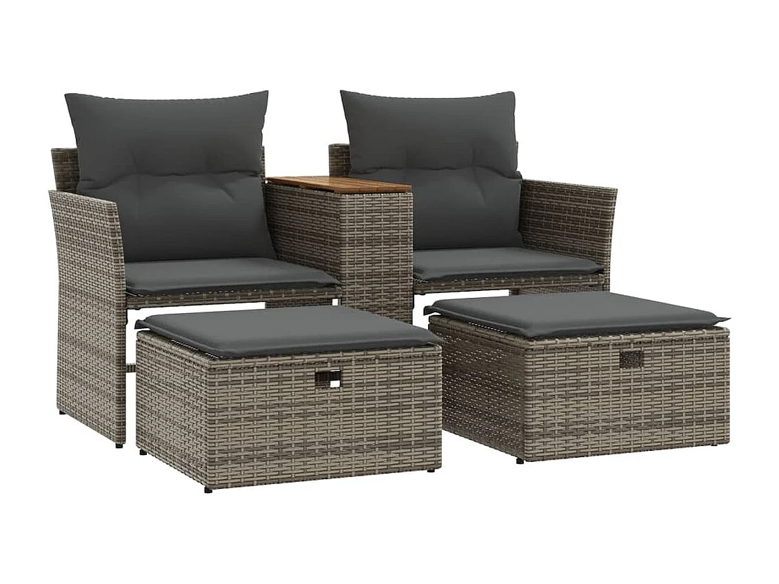 2-Sitzer-Gartensofa mit grauen geflochtenen Harzhockern