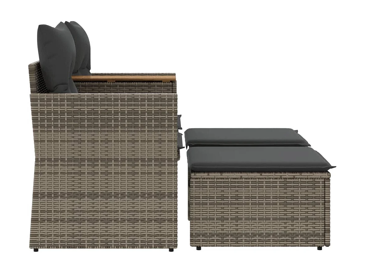 2-Sitzer-Gartensofa mit grauen geflochtenen Harzhockern