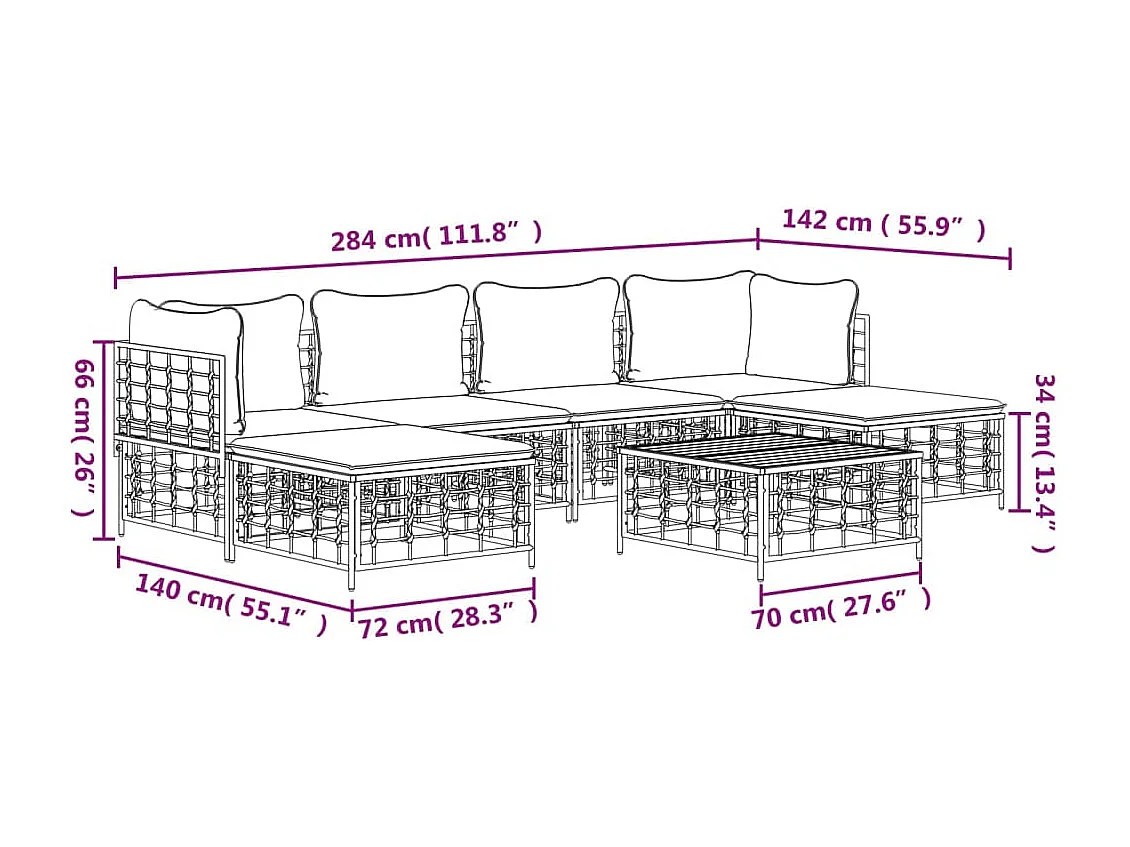 Salon de jardin 7 pcs avec coussins anthracite résine tressée