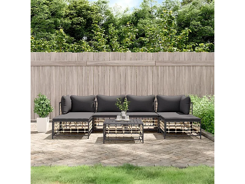 Salon de jardin 7 pcs avec coussins anthracite résine tressée