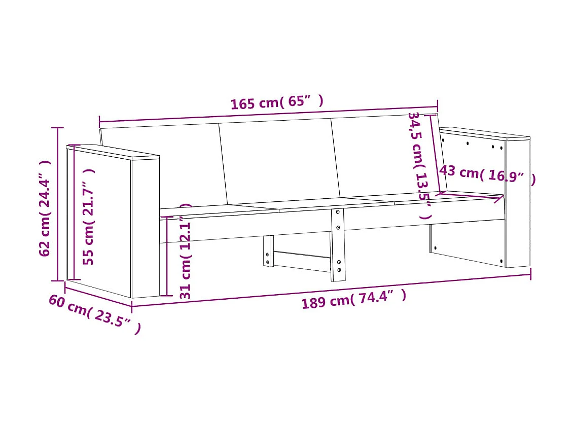 Divano da giardino a 3 posti bianco 189x60x62 cm in legno di pino massiccio