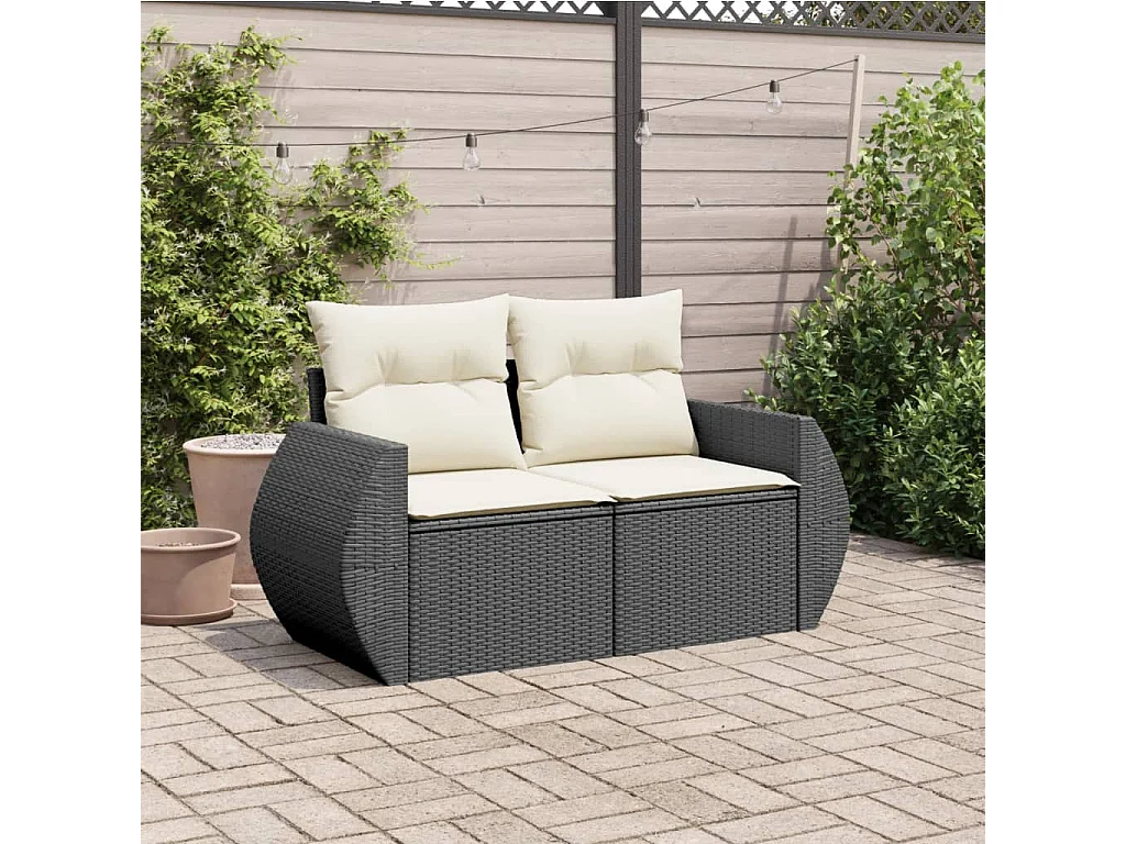 Gartensofa mit 2-Sitzer-Kissen, schwarzes Kunstharzgeflecht