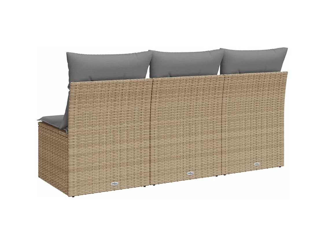 Sofá de jardim com almofadas de resina tecida bege de 3 lugares